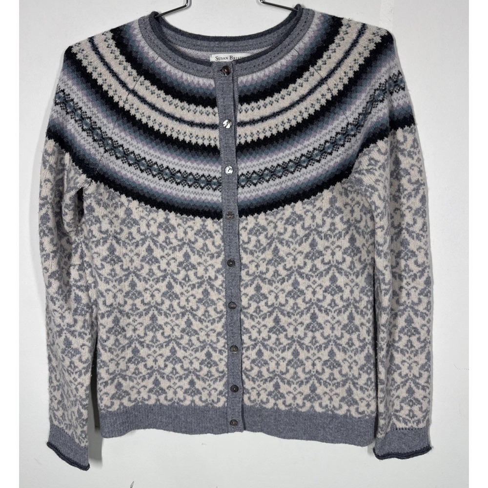 Susan Bristol Fair Isle Extra Fine Merino Wool Button Up Cardigan Sweater M Cozy